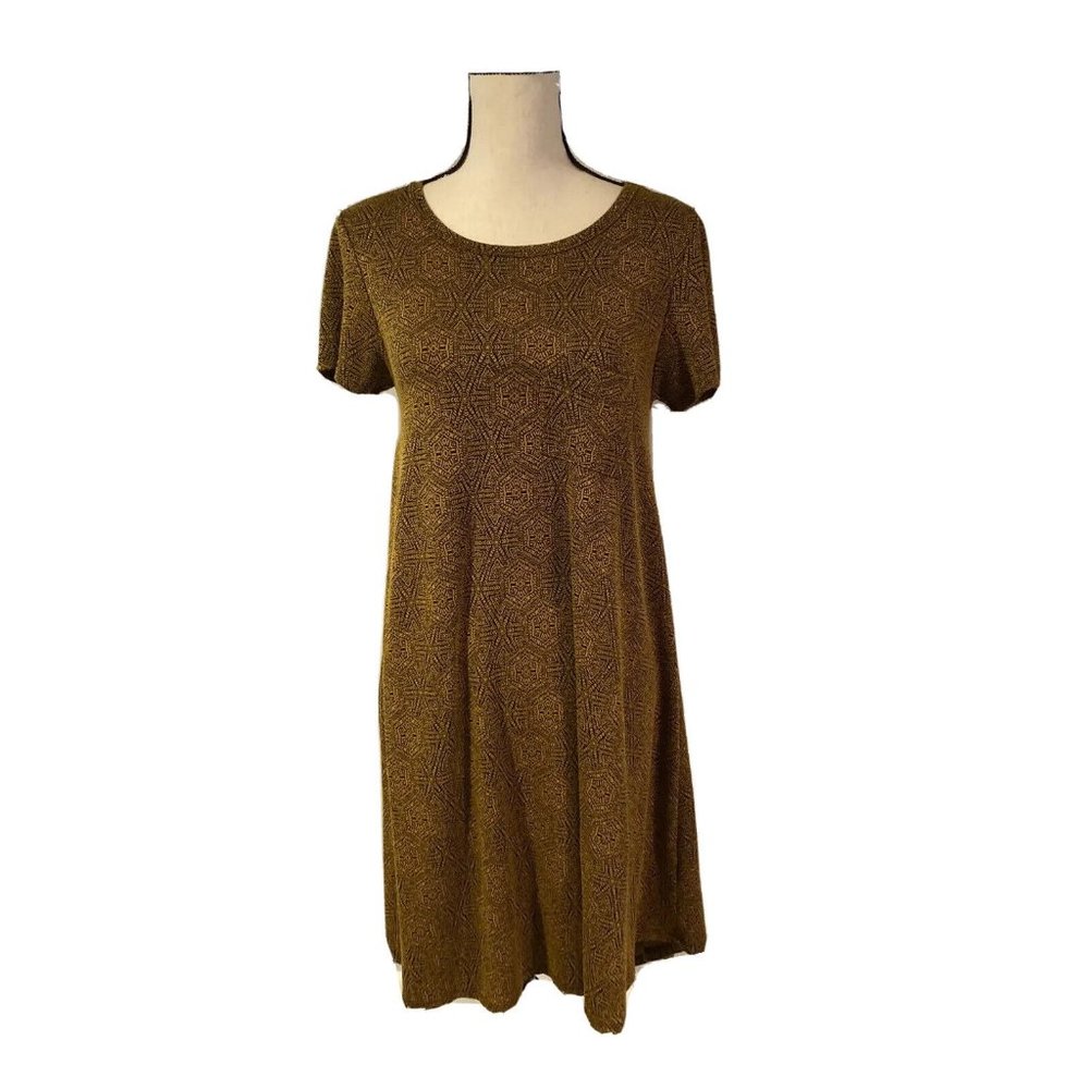 Lularoe Carly Dress Womens XS Gold Black Patterned Casual Comfort Pullover